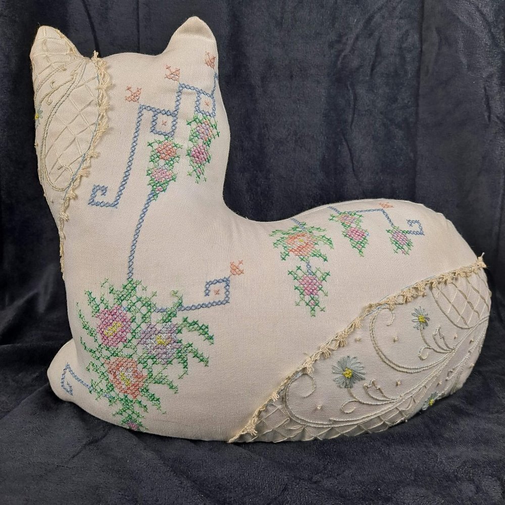 Hand Stitched Cat Weighted Doorstop Cross Stitch Lace Details Floral Details